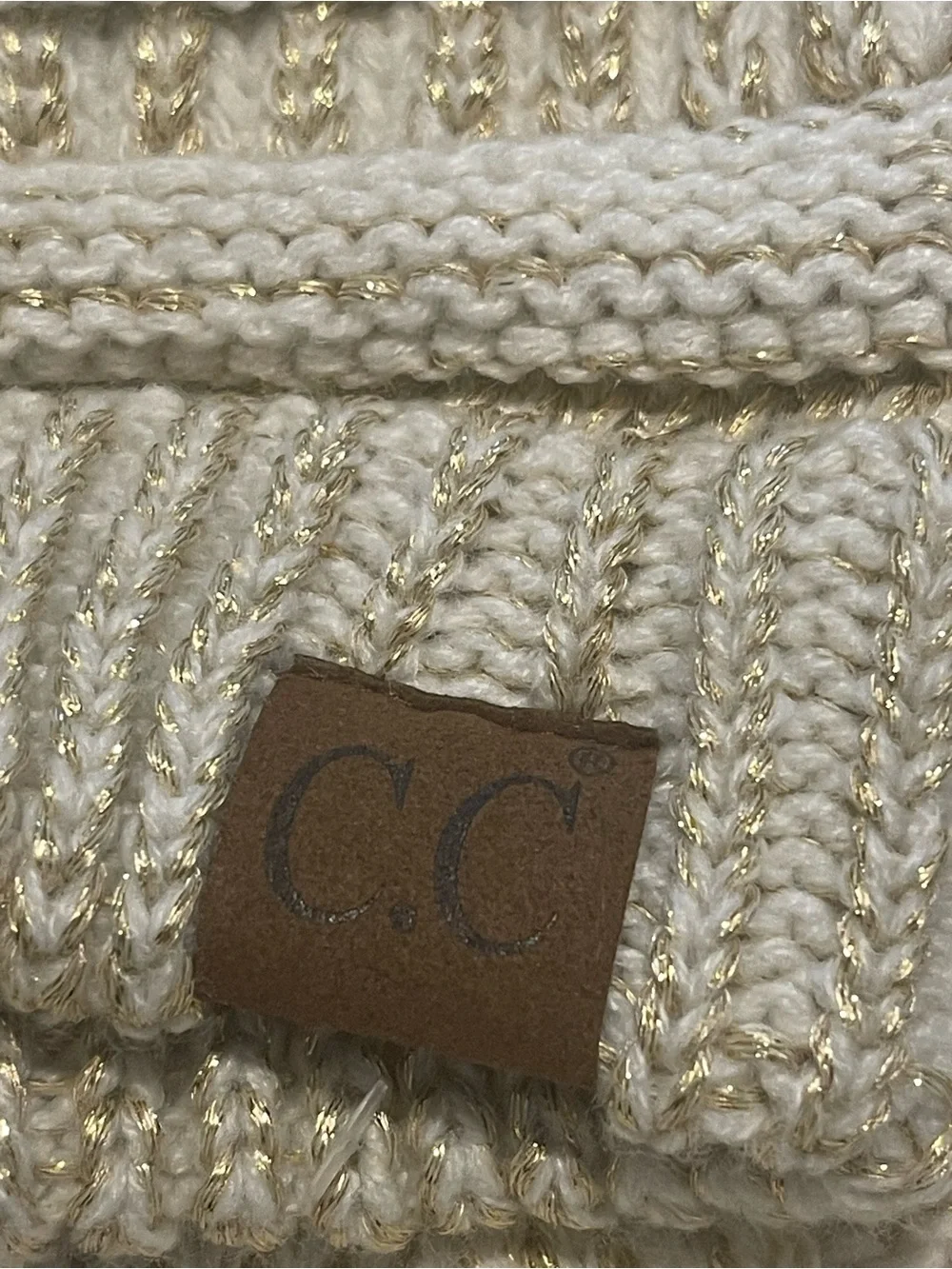 Sparkle Knit Beanie and Scarf Set - Cream with Gold Thread C.C Faux Fur Pom Pom